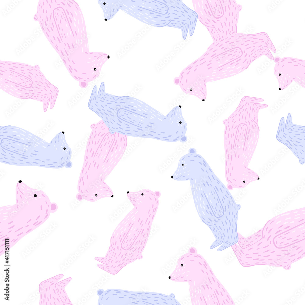 Isolated seamless pattern with pink and blue colored random polar bear silhouettes ornament.