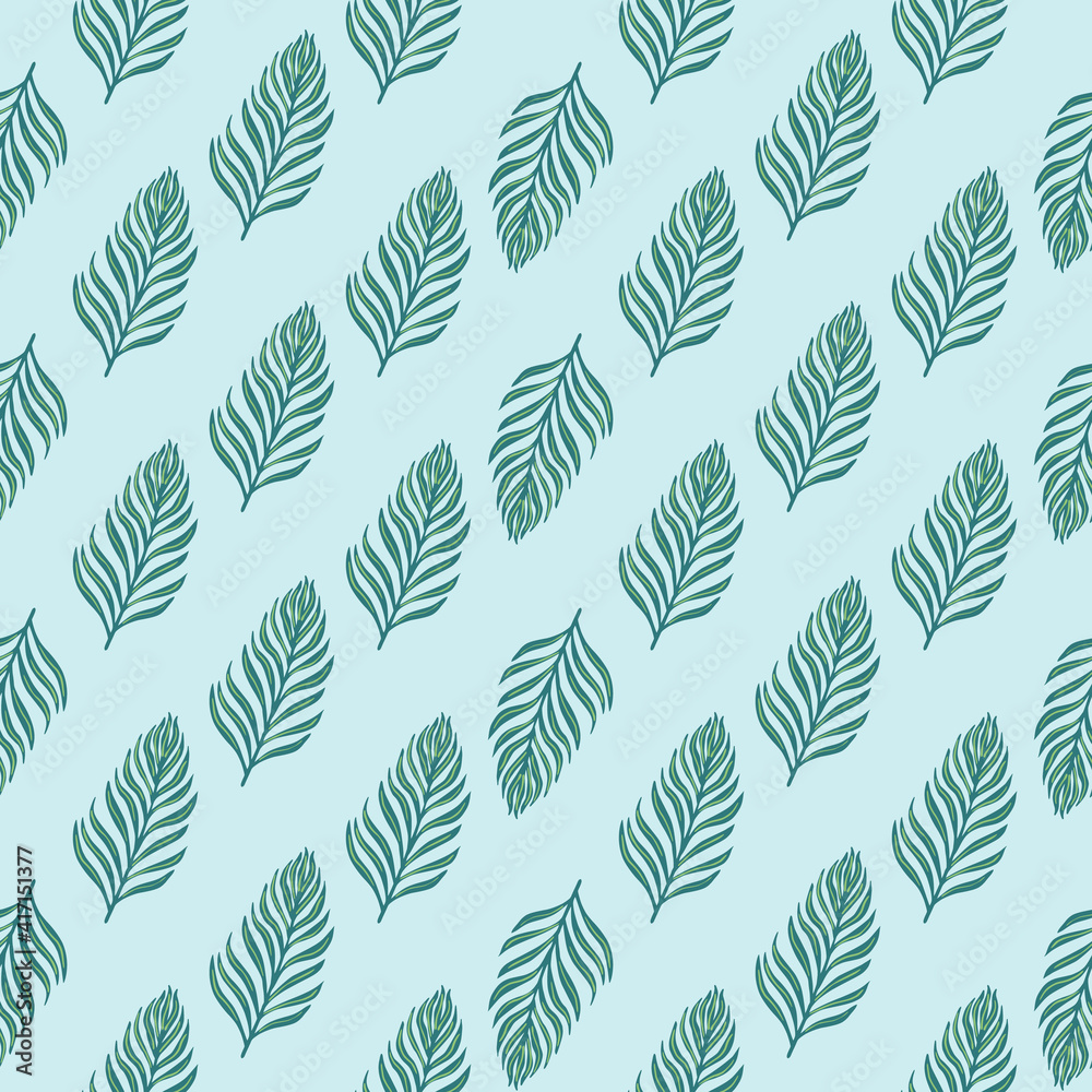 Vintage nature wild seamless pattern with doodle fern leaves elements. Blue pastel background.