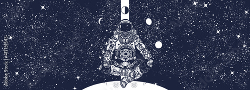 Astronaut in universe. Spaceman in a lotus pose. Humanity studies Mars planet. Symbol of study of galaxies, interstellar flights, search for inhabited worlds. Black and white surreal graphic