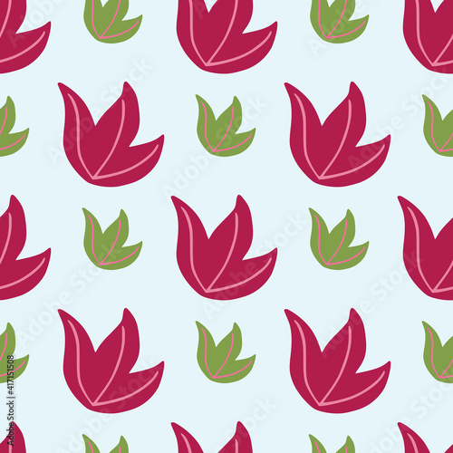 Hand drawn seamless doodle pattern with foliage leaf bush silhouettes. Pastel background. Simple design.