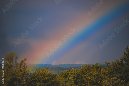 an amazingly bright rainbow formed over the forest after a summer storm