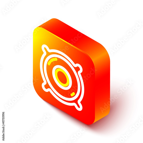 Isometric line Stereo speaker icon isolated on white background. Sound system speakers. Music icon. Musical column speaker bass equipment. Orange square button. Vector Illustration.