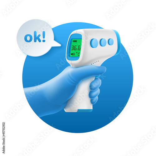 3D template of hand in glove with non-contact infrared thermometer and OK typography on blue circle. Vector illustration of temperature measuring medical device. Covid pandemic control concept