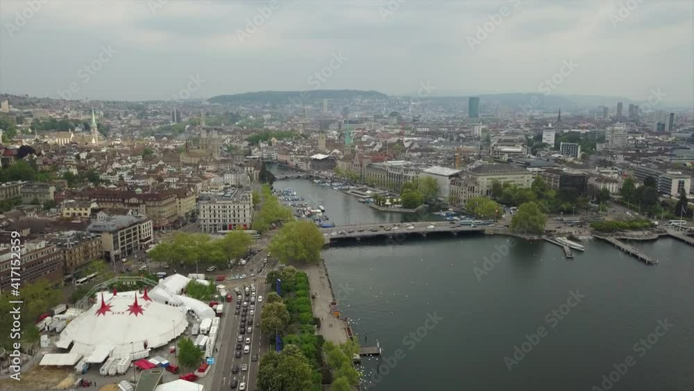day time zurich city lakeside famous square aerial panorama 4k switzerland