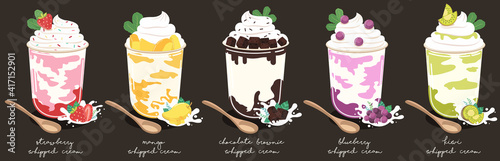 dessert of whipped cream and fruits berries in plastic cup isolated on black background.