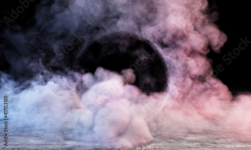 Huge smoke from car wheel burnout at concrete dark background photo