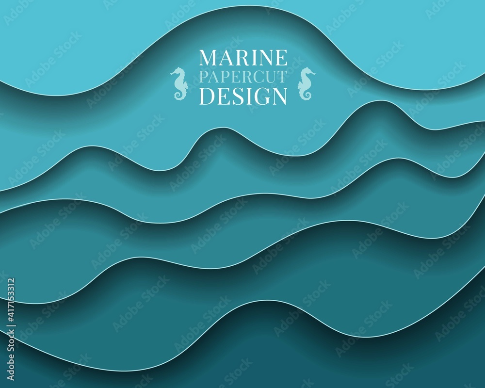 Paper cut Abstract art background 3d layer blue color sea waves, ocean ...