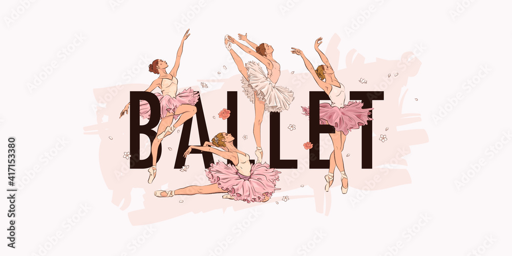 Ballet school dance studio landing web page, concept banner design template. Vector illustration of ballerinas - obrazy, fototapety, plakaty 