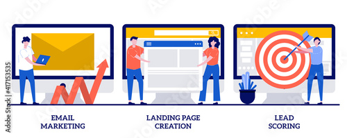 Email marketing, landing page creation, lead scoring concept with tiny people. Newsletter digital promotion abstract vector illustration set. Web design and targeted advertisement metaphor
