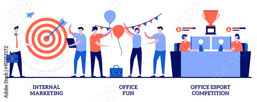 Internal marketing, office fun and e-sport competition concept with tiny people. Employee engagement abstract vector illustration set. Stress management, team building, video game tournament metaphor