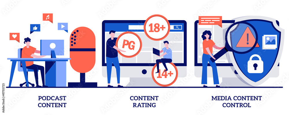 Podcast content rating, media content control concept with tiny people. Engaging marketing abstract vector illustration set. Promotion strategy, monetization, games and apps, user guidelines metaphor
