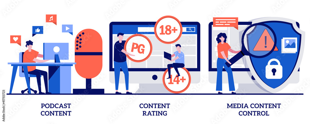 Fototapeta premium Podcast content rating, media content control concept with tiny people. Engaging marketing abstract vector illustration set. Promotion strategy, monetization, games and apps, user guidelines metaphor
