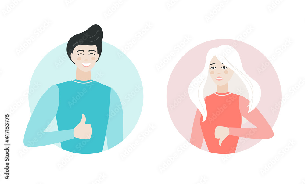 People with like and dislike signs. People expressing agreement and disagree. Thumbs up sign. Thumb down. Good, like, agree, approve. Stop, no, disapproval. Vector flat isolated illustration. People with like and dislike signs. People expressing agreement and disagree. Thumbs up sign. Thumb down. Good, like, agree, approve. Stop, no, disapproval. Vector flat isolated illustration.