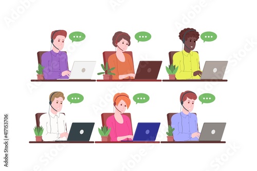 Call center  customer service  support and assistance landing page. Hotline man and woman operator with headsets and laptop. Concept of telemarketing and consultation. Cartoon vector illustration.
