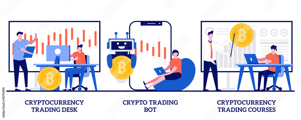 Cryptocurrency trading desk and courses, crypto trading bot concept with tiny people. Cryptocurrency market vector illustration set. Financial exchange, digital tokens, blockchain technology metaphor