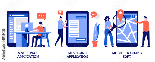 Single page application, messaging application, mobile tracking soft concept with tiny people. Web development vector illustration set. Web page, responsive website, chat app, gps tracking metaphor