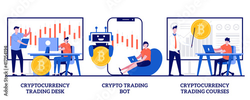 Cryptocurrency trading desk and courses, crypto trading bot concept with tiny people. Cryptocurrency market vector illustration set. Financial exchange, digital tokens, blockchain technology metaphor