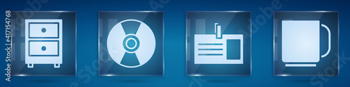 Set Drawer with documents, CD or DVD disk, Identification badge and Coffee cup. Square glass panels. Vector.