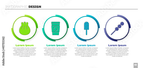 Set Khinkali on cutting board, Coffee cup to go, Ice cream and Meatballs on wooden stick. Business infographic template. Vector.