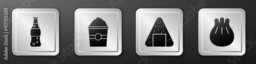 Set Bottle of water, Popcorn in box, Onigiri and Khinkali on cutting board icon. Silver square button. Vector.
