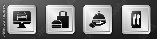 Set Online ordering and delivery, Online ordering burger delivery, Covered with a tray of food and Online ordering and delivery icon. Silver square button. Vector.
