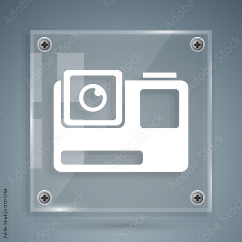 White Action extreme camera icon isolated on grey background. Video camera equipment for filming extreme sports. Square glass panels. Vector Illustration.