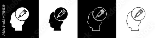 Set Addiction to the drug icon isolated on black and white background. Heroin, narcotic, addiction, illegal. Sick junkie with a syringe and medical pills. Vector.