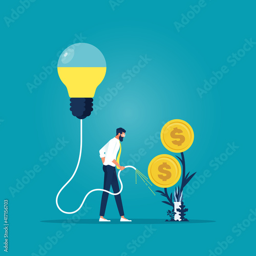 Idea make money-Business investment concept, Businessman watering a tree of money with idea, increase revenue, investment