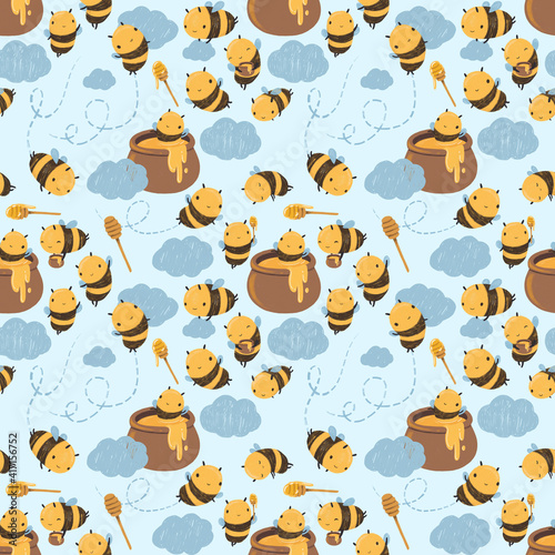 Hand drawn seamless pattern cute Kawaii Happy Funny Honey Bee flying in the sky, clouds.