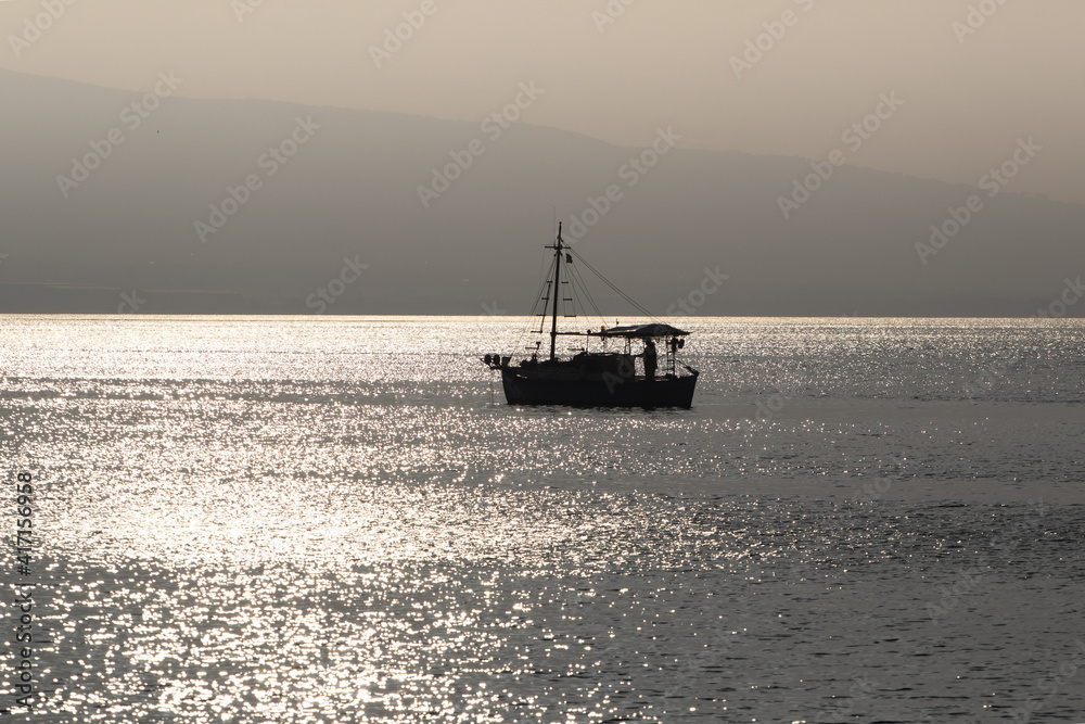 boat on the sea, morning fishing.