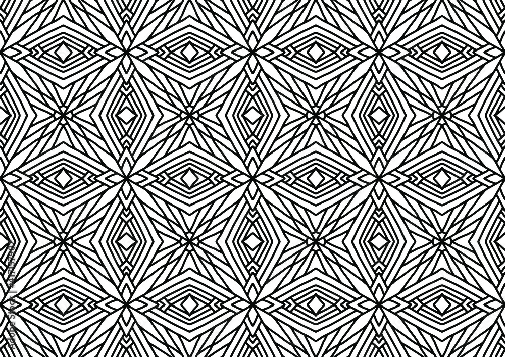 pattern for coloring drawn on a white background with linear figures and rhombuses, vector, tile, mosaic