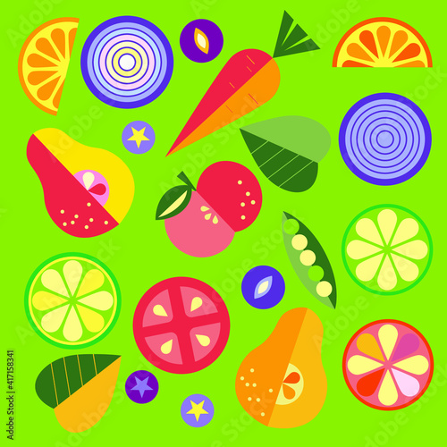 set of vector images, stylized fruits and vegetables on a green background