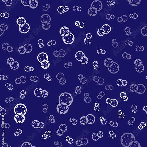 White GMO icon isolated seamless pattern on blue background. Genetically modified organism acronym. Dna food modification. Vector.