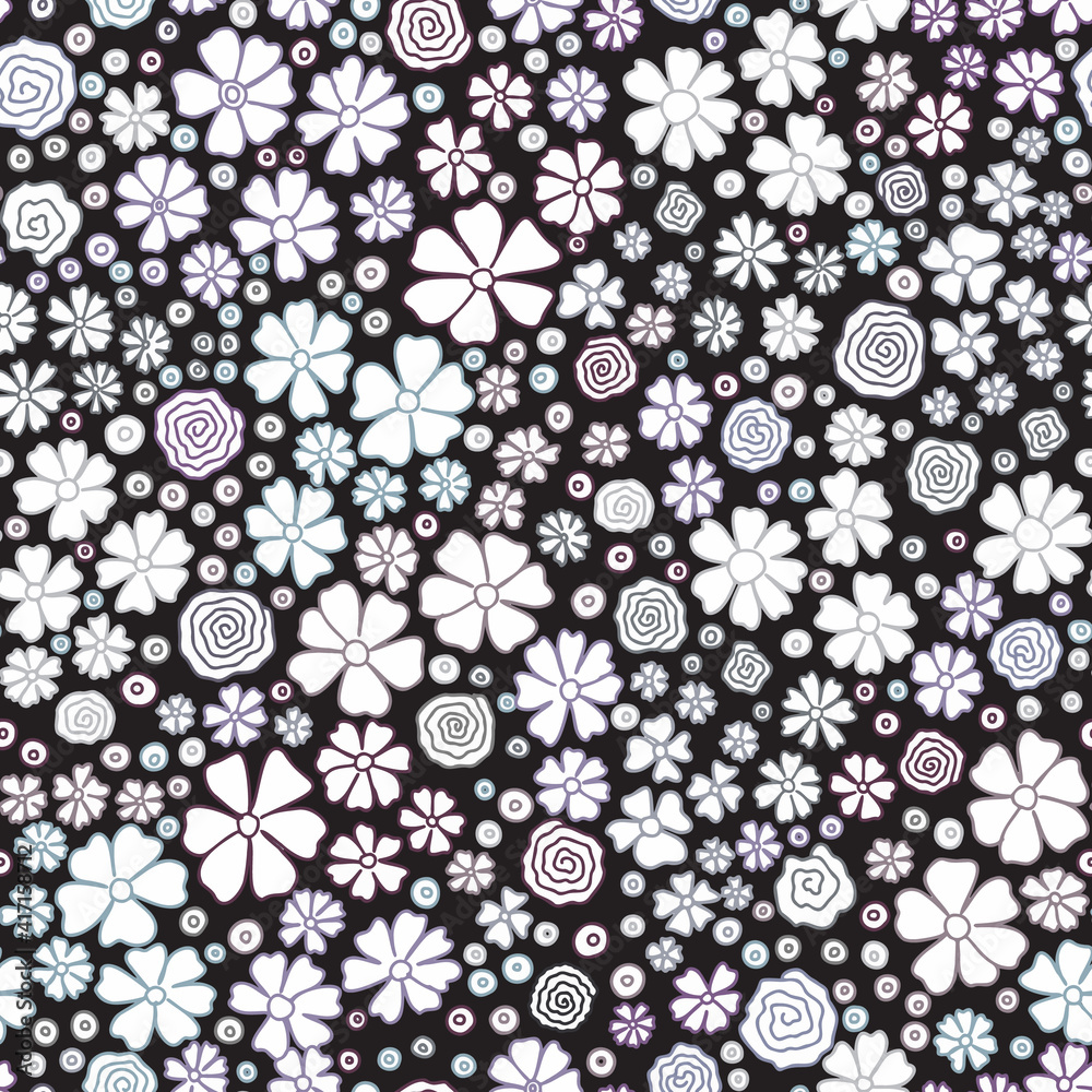 Floral vector seamless pattern of small flowers in white and black. Background for textile or book covers, manufacturing, wallpapers, print, gift wrap and scrapbooking
