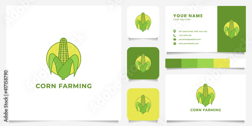 Colorful peeled corn on yellow circle logo with icon, color palette, and business card