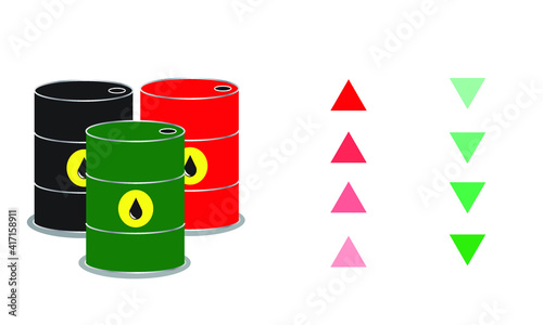 A vector of petrol and diesel barrel with oil price indicator movement symbol on white background.