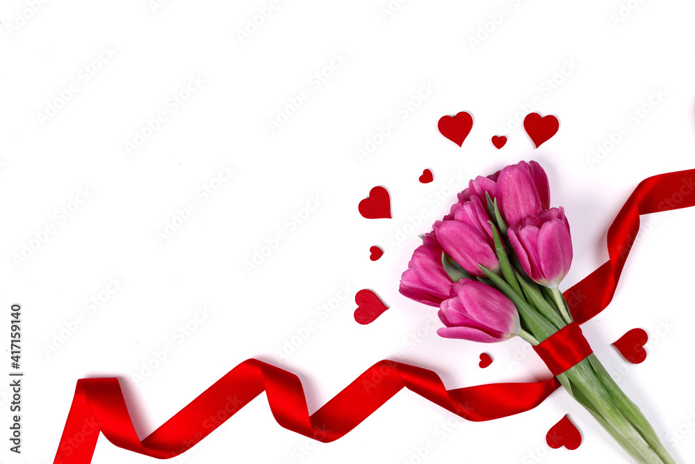 Tulip flowers and hearts on white Tulip flowers and hearts on white