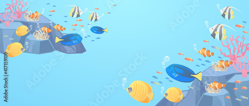 夏の海の熱帯魚のベクターイラストフレーム(コピースペース、メッセージカード)