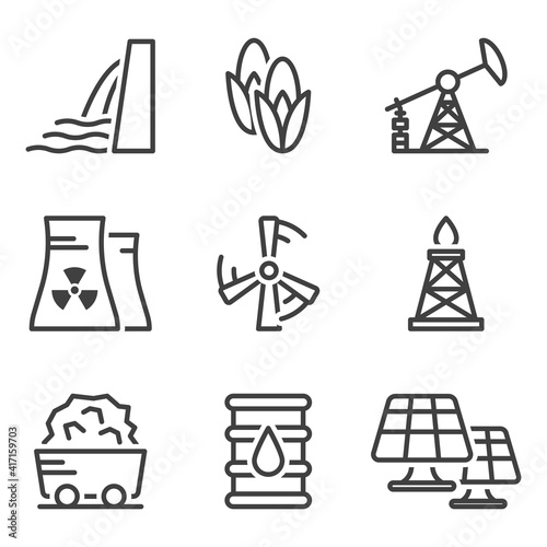 Set of linear icons with energy sources. The image of energy resources, as well as ways to obtain energy. Isolated vector on pure white background.