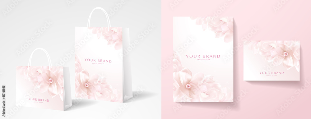 Elegant shopping paper bag design. Template with magnolia flower. Holiday pink, white floral pattern for brand gift packet, shop purchase for jewelry, perfume store, wedding invite. Vector layout