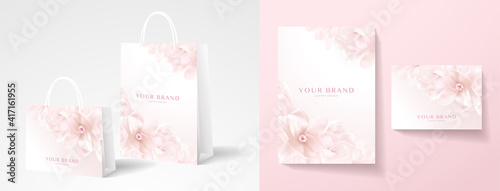 Elegant shopping paper bag design. Template with magnolia flower. Holiday pink, white floral pattern for brand gift packet, shop purchase for jewelry, perfume store, wedding invite. Vector layout