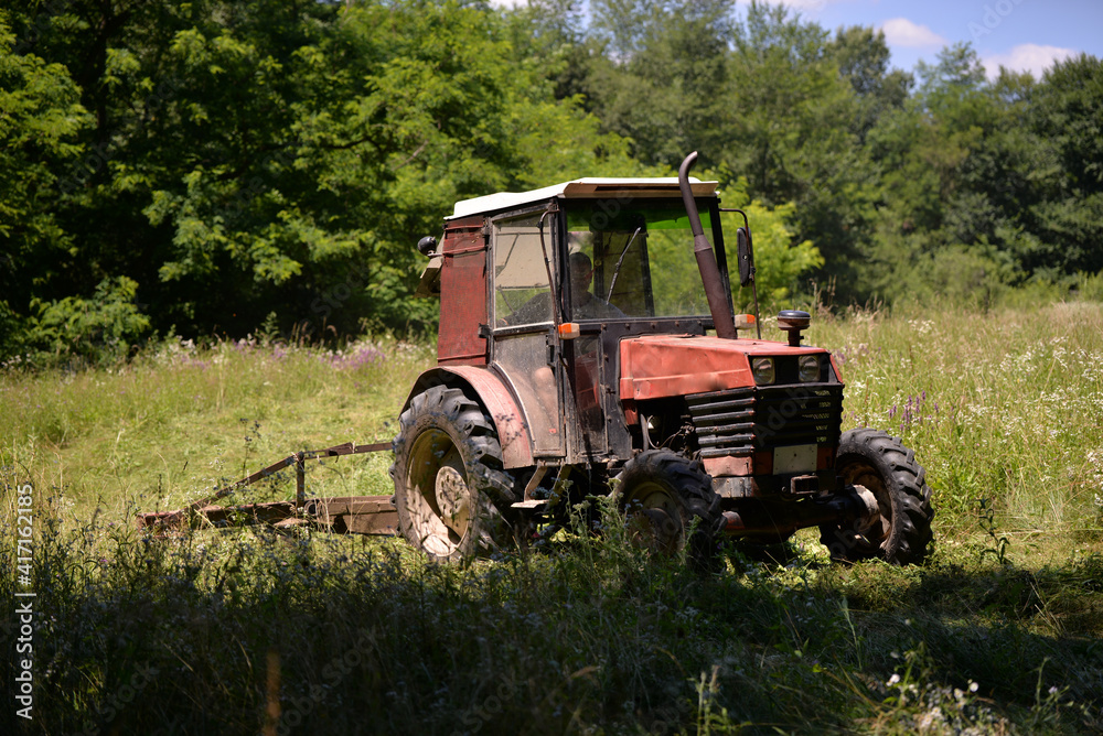 an old red tractor mowing the grass near the forest. use of agricultural machinery on the farm an old red tractor mowing the grass near the forest. use of agricultural machinery on the farm