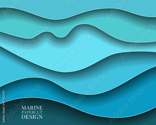 Paper cut Abstract art background 3d layer blue color sea waves, ocean water,river,lake.Template marine texture with wavy lines pattern.Vector cover,flyer,textile print,banner, poster,card,wallpapers