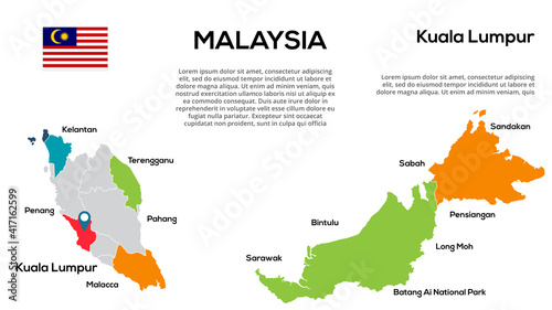 Malaysia map. Vector image of a global map in the form of regions of Malaysia a regions. Country flag. Infographic timeline. Easy to edit