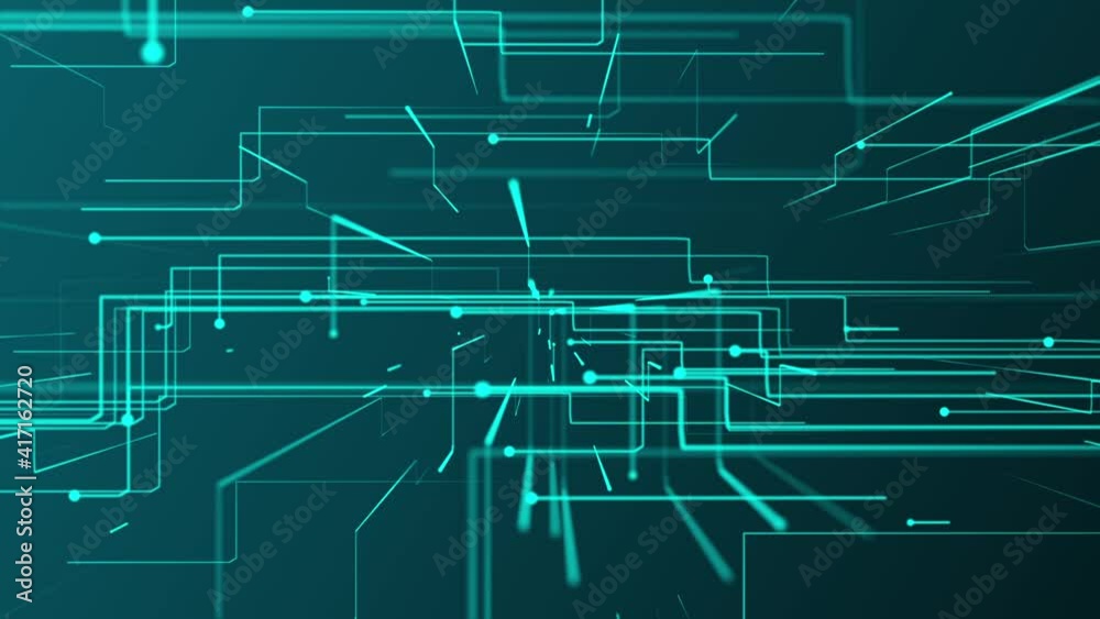 Abstract tech 3D circuit board styled background with fast moving nodes transferring digital data. This modern technology motion background is a seamless loop.