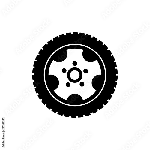 Tire car icon isolated on white background. Black disk wheel silhouette. Simple flat design. Vector illustration.