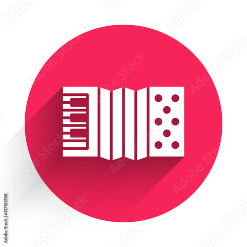 White Musical instrument accordion icon isolated with long shadow. Classical bayan, harmonic. Red circle button. Vector.