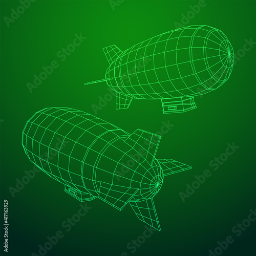 Airship dirigible airway travel transport. Air ship with gondola cabin. Wireframe low poly mesh vector illustration.