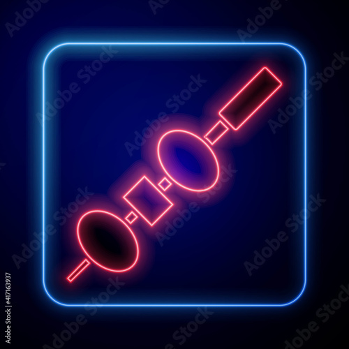 Glowing neon Olive and cheese on chopstick icon isolated on black background. Canape, tapas with cheese and olive. Vector.