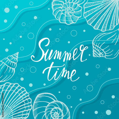 Bright summer card. Beautiful summer poster with seashells and hand written text. Summer holidays cards. Vector illustration